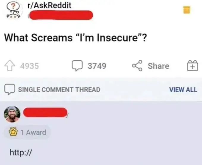 Reddit post "What screams I'm insecure?" with the top reply "http://"