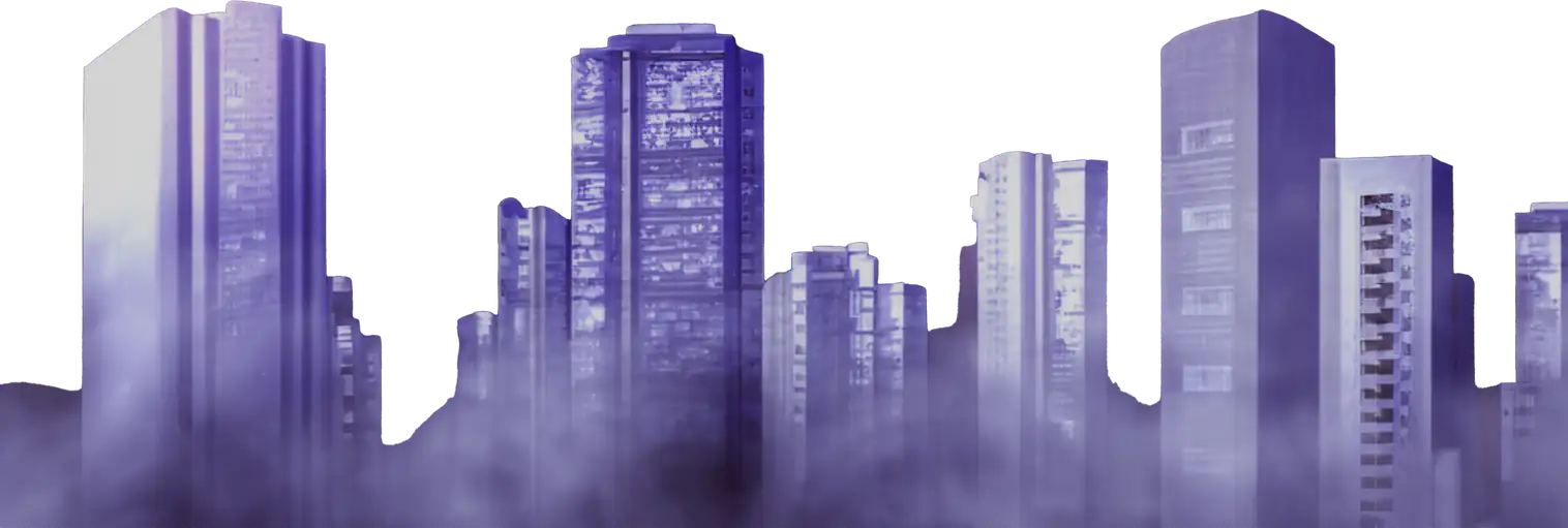 Purple city skyline rising out of the fog