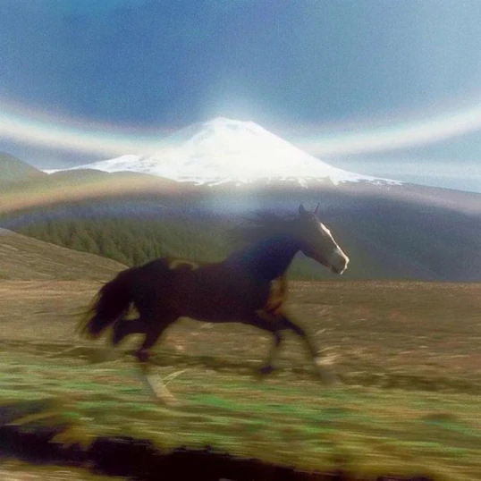Horse galloping across a field below a snowy mountain