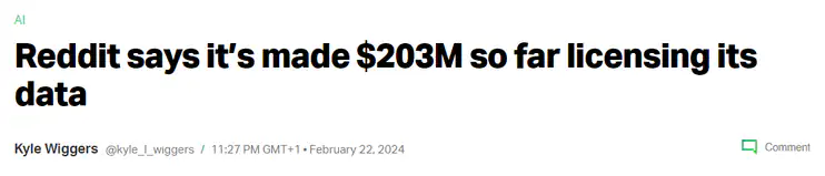 TechCrunch headline: Reddit says it's made $203M so far licensing its data